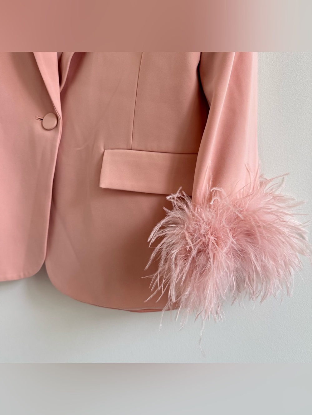 NADINE MERABI Dusty Pink Feather-Trim Blazer Pantsuit - Picture 10 of 14
